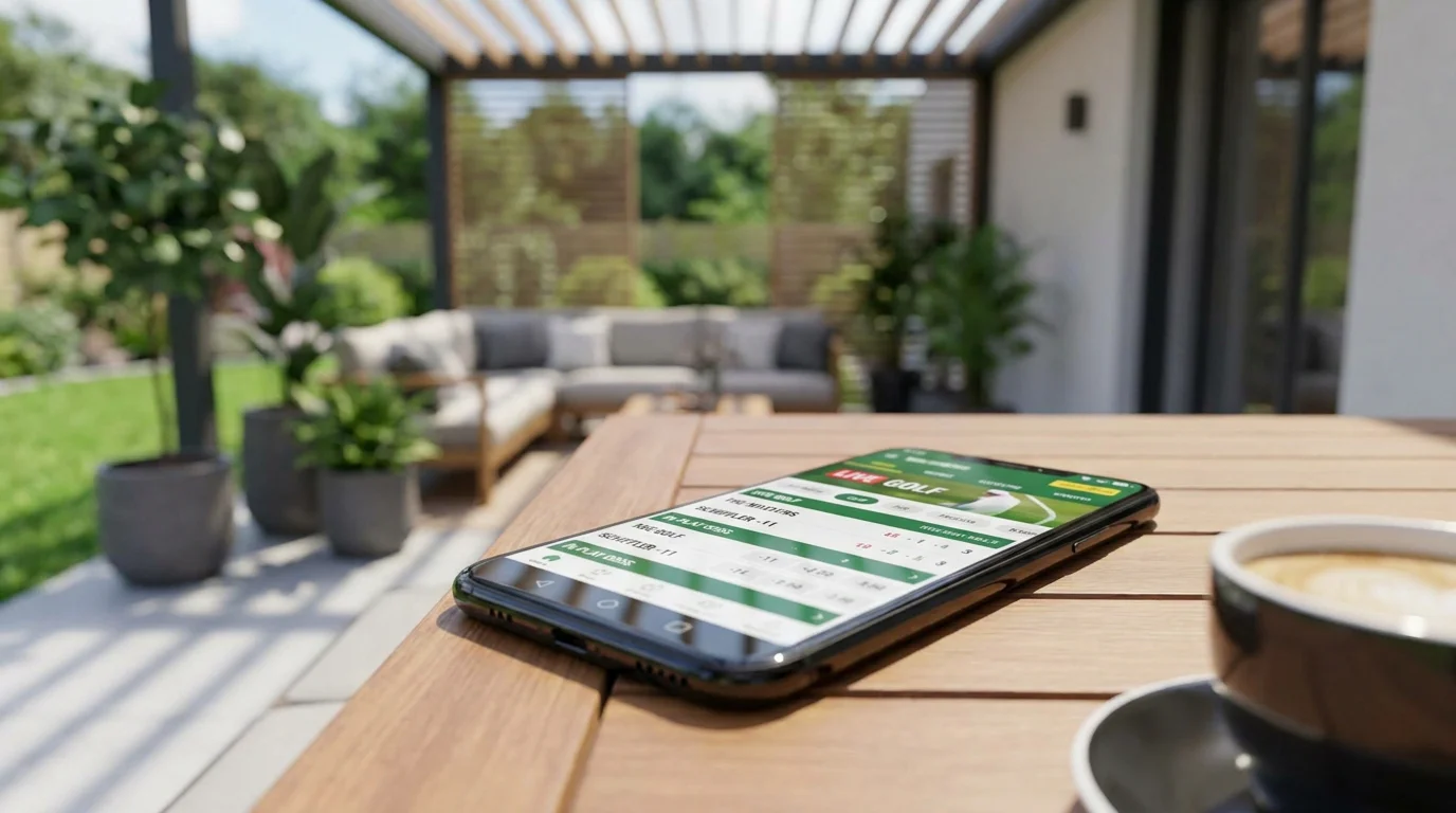 Smartphone showing in-play golf betting interface with live tournament scores
