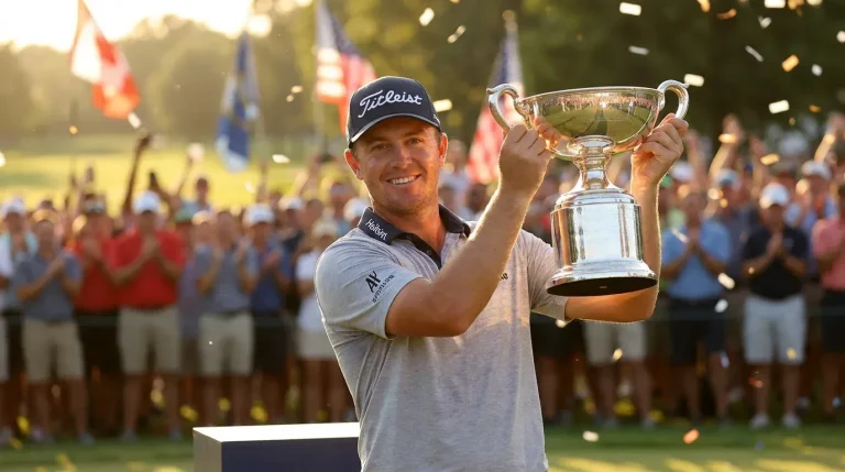 Professional golfer holding trophy at tournament presentation with crowd behind