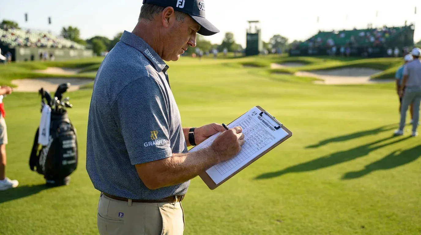 Golf analyst marking player stats on a printed field ranking sheet