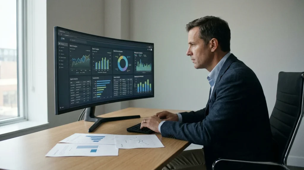 Golf analyst reviewing index market data on a screen at a sports betting desk