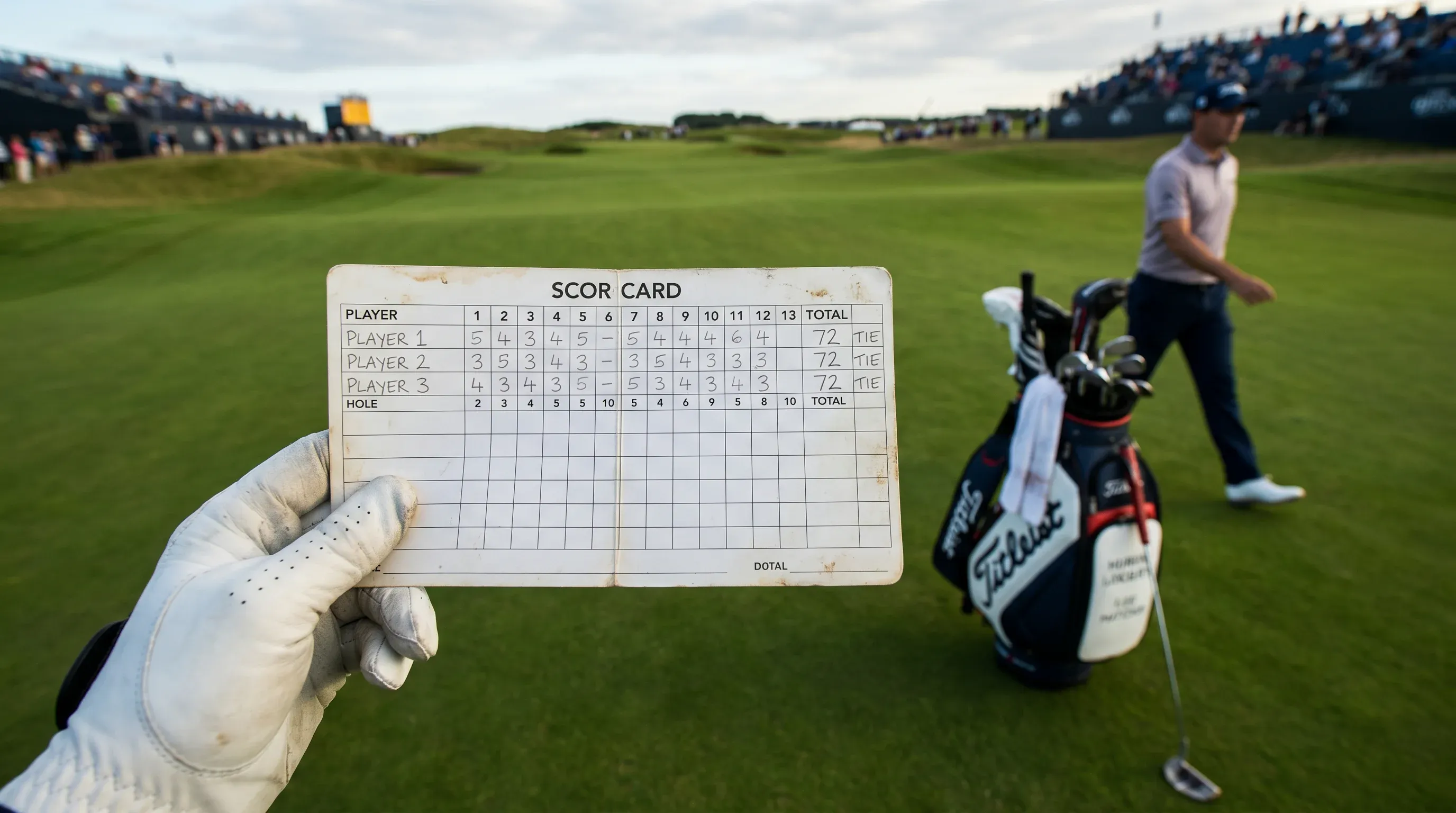 Golf scorecard showing tied scores between players in a three-ball group