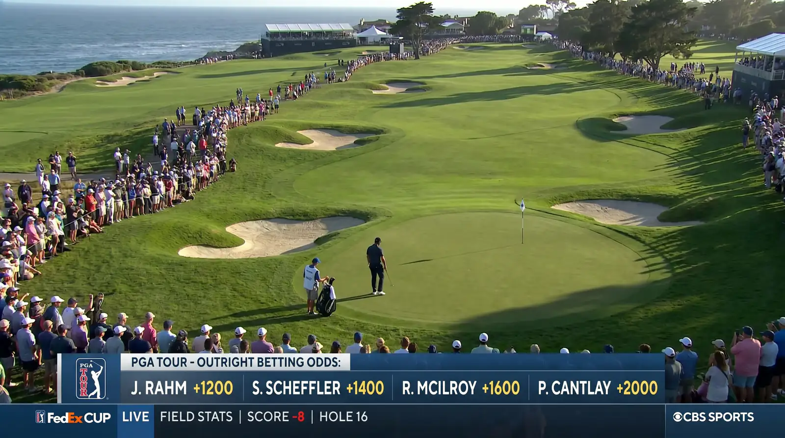 PGA Tour course aerial view with player field statistics overlaid for outright betting