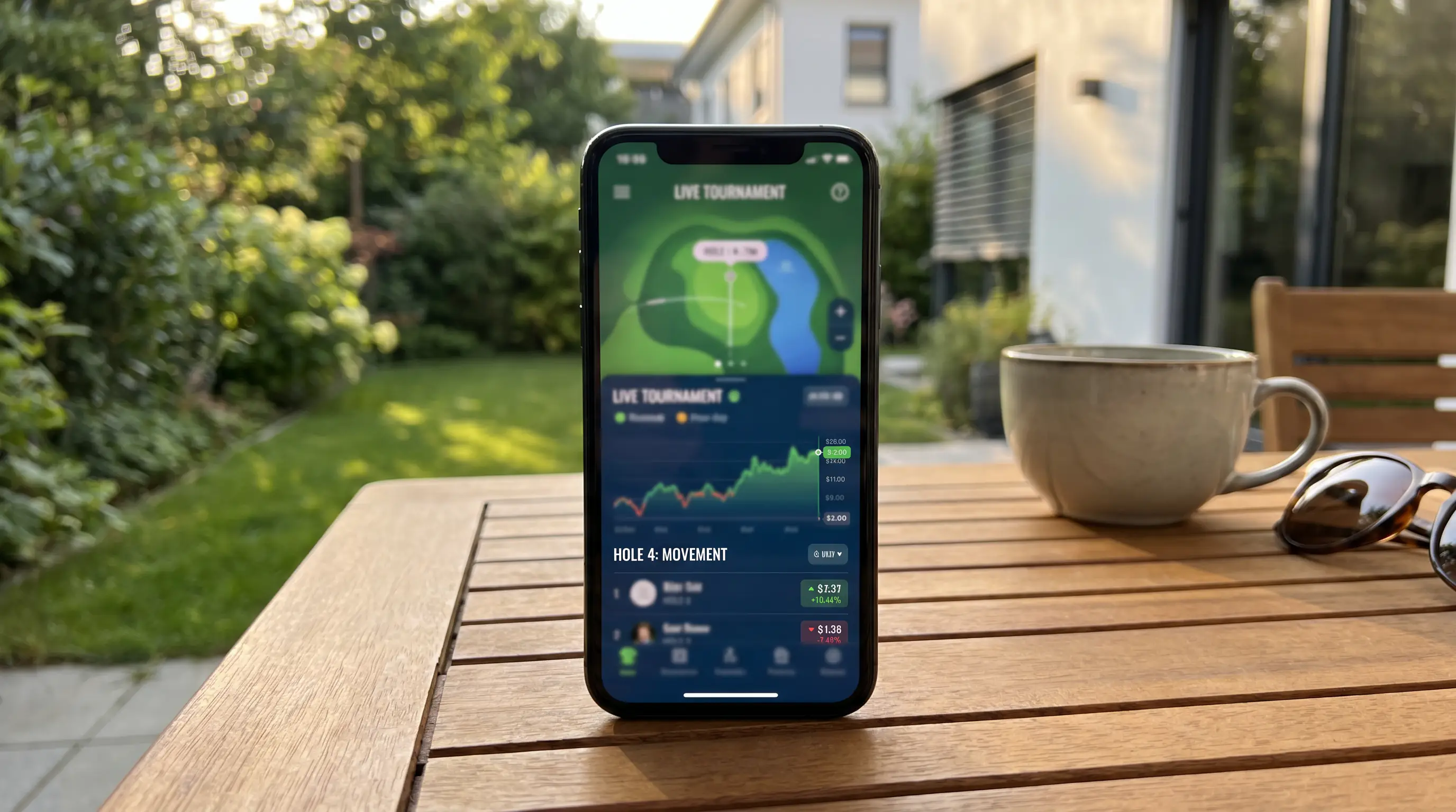 Golf betting app showing hole-by-hole price movement during live tournament play