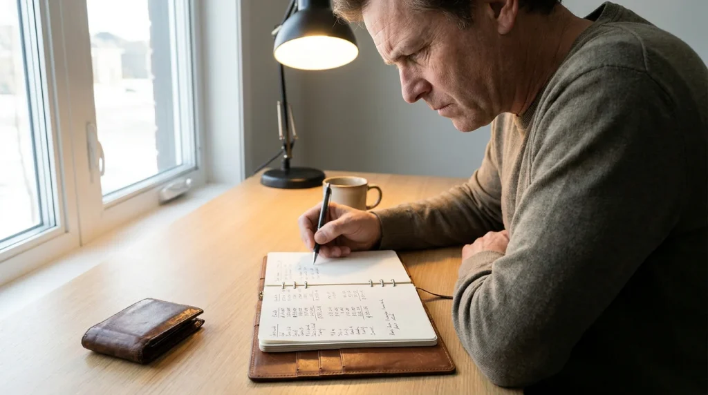 Golf bettor reviewing long-term profit and loss records in a systematic notebook
