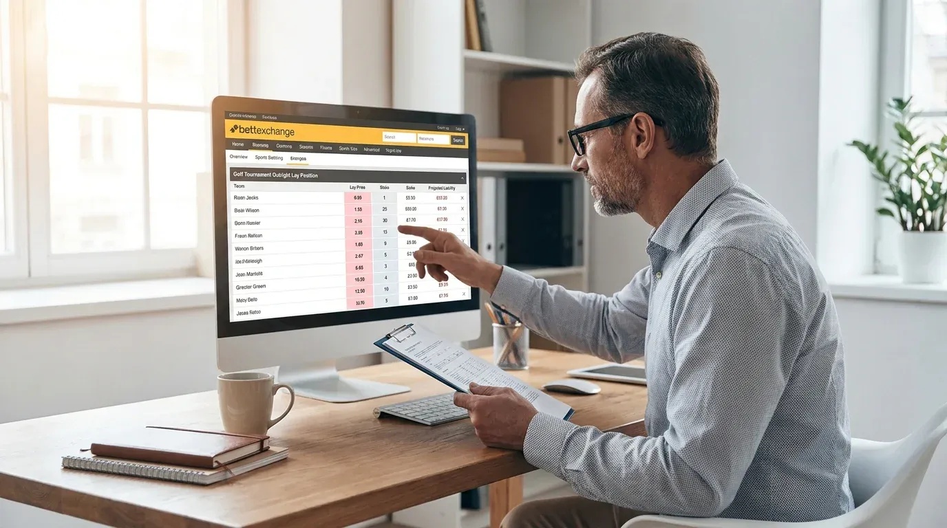 Golf bettor reviewing lay betting position on Exchange for tournament outright