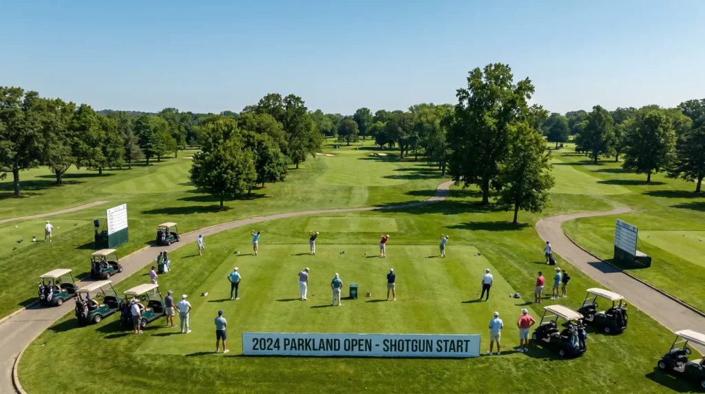 LIV Golf shotgun start with teams competing on an American-style parkland course