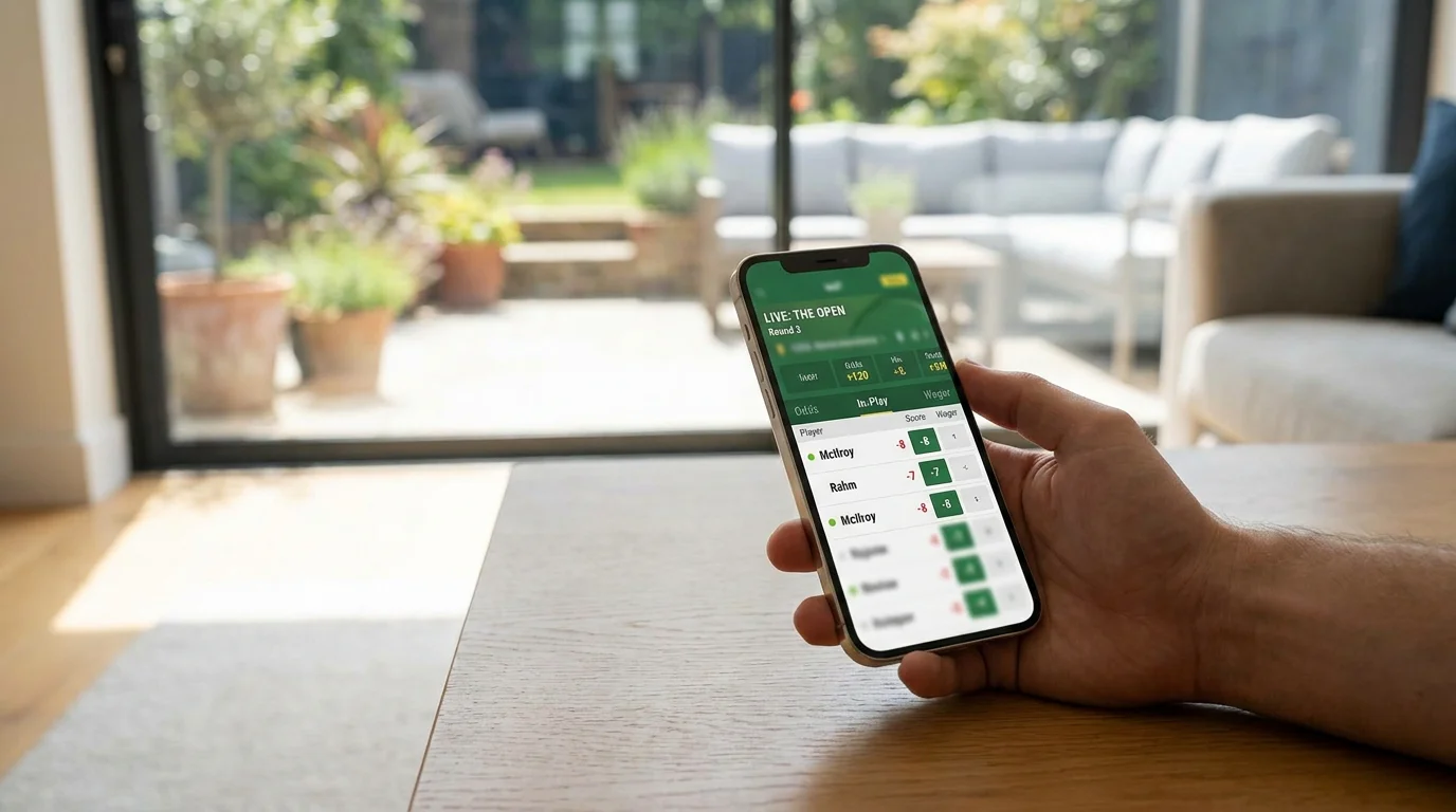 Smartphone showing live golf betting interface with real-time score updates
