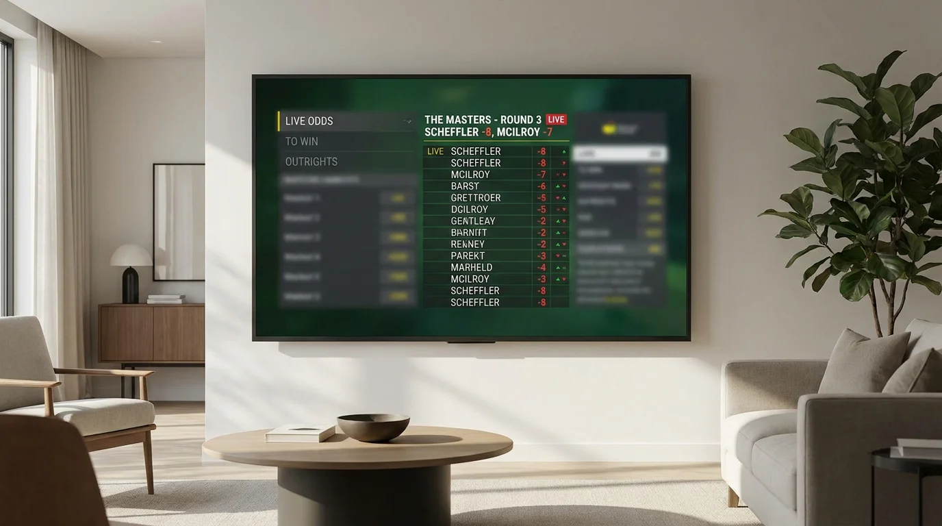 Golf scoreboard updating live scores while in-play betting market fluctuates