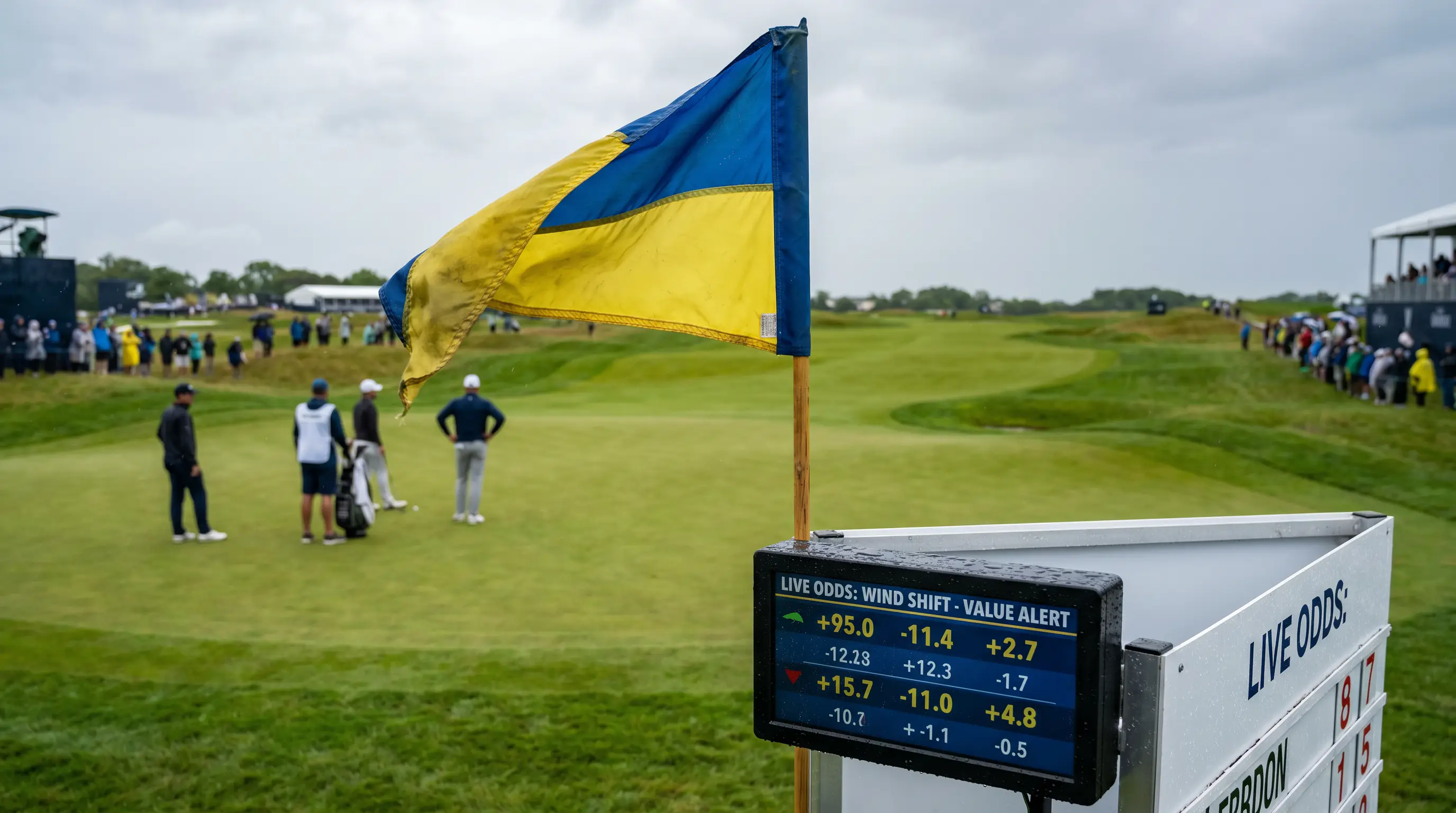 Golf course weather flag indicating wind change affecting in-play betting value