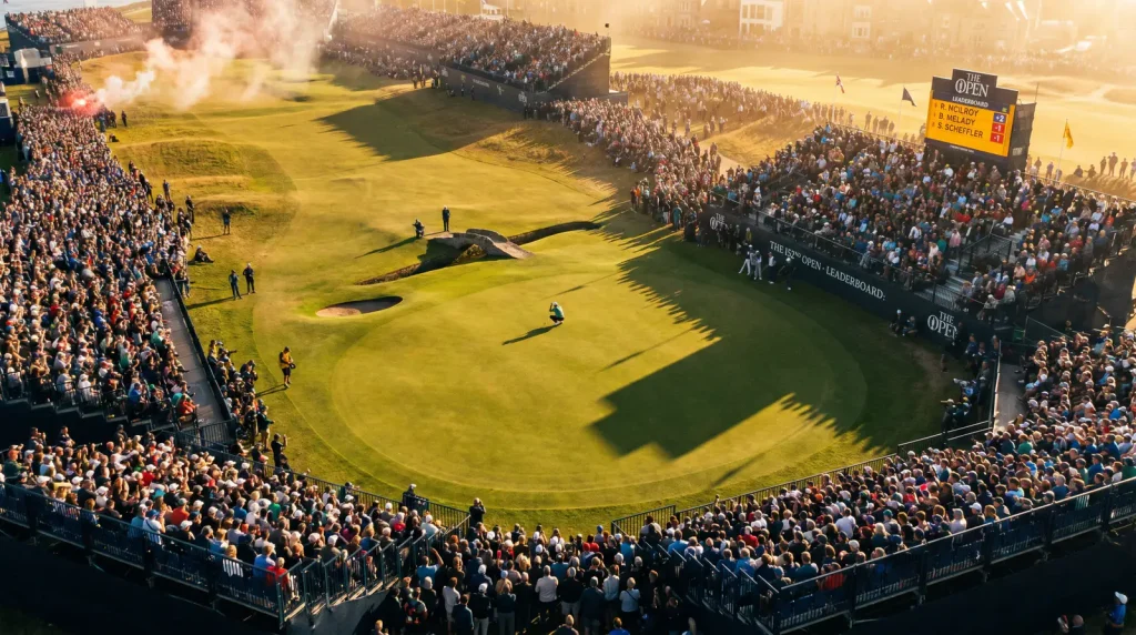 Championship golf green with gallery watching final round at a Major venue