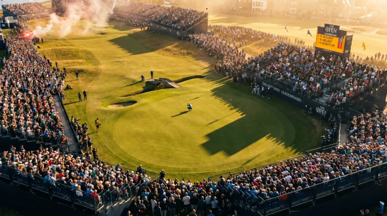 Championship golf green with gallery watching final round at a Major venue