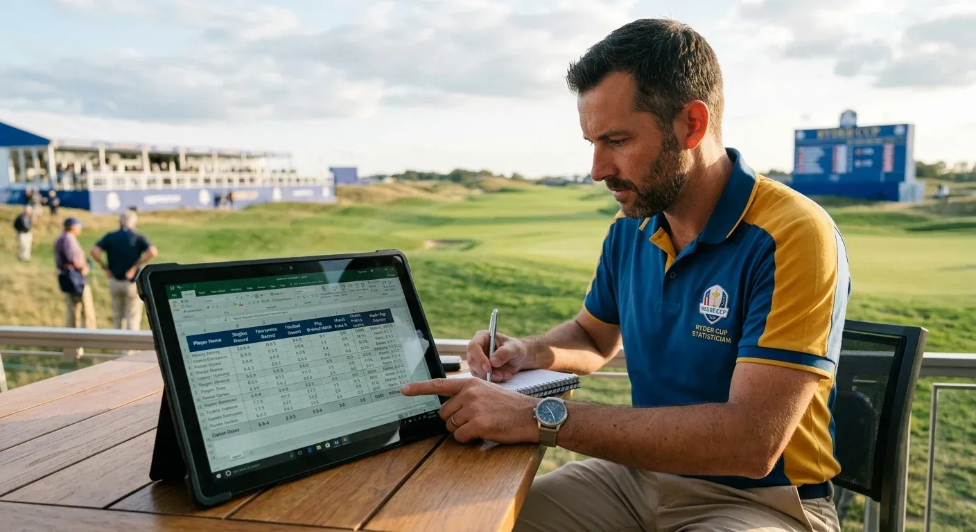 Golf statistician reviewing player match play record data for Ryder Cup analysis