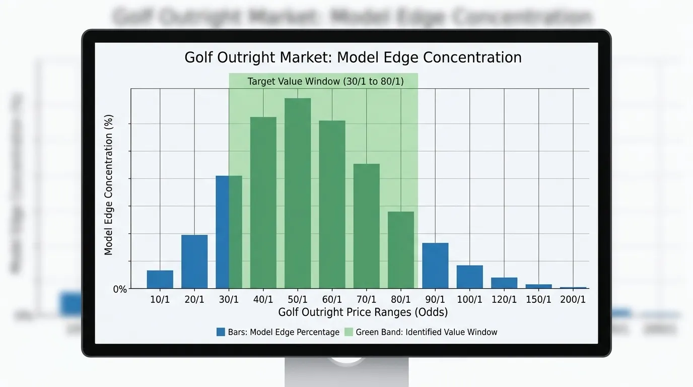 Golf betting value window showing 30/1 to 80/1 price range where SG models find consistent bookmaker mispricing