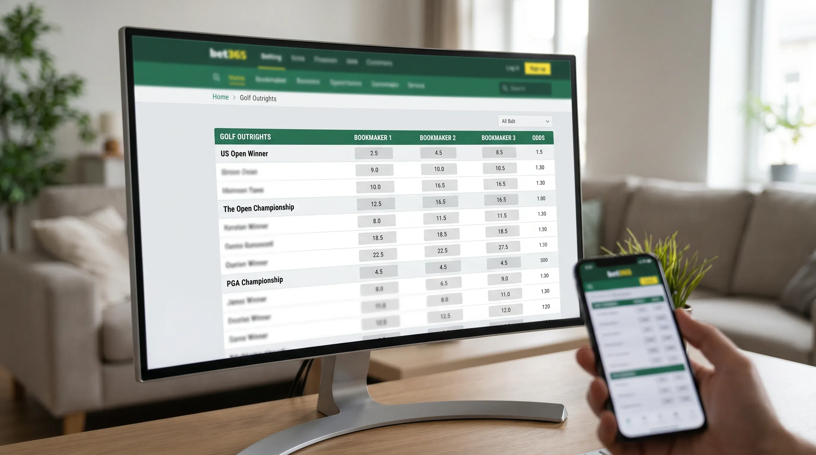 Odds comparison interface showing golf outright markets from multiple bookmakers