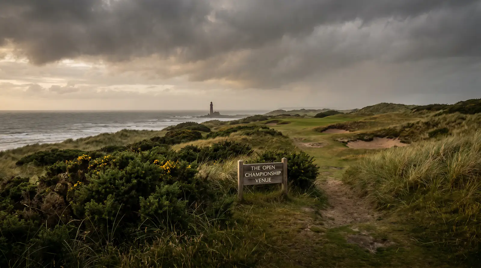 Links golf course at dusk showing Open Championship venue coastal setting