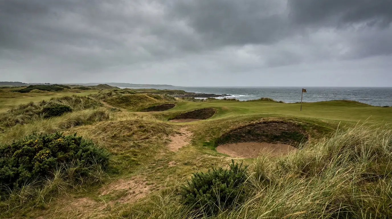 The Open Championship links course showing coastal rough and pot bunkers