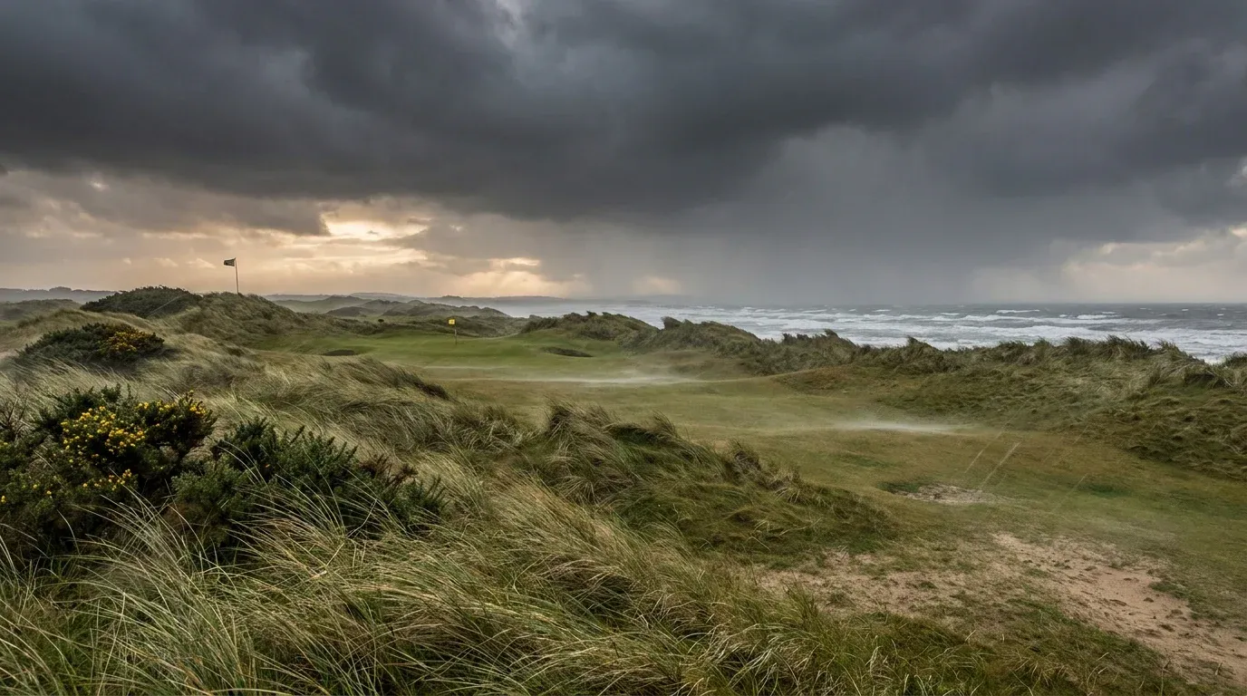 Links fairway in coastal wind showing The Open Championship weather conditions