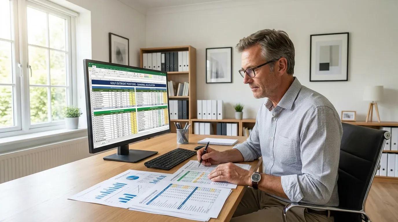 Systematic bettor reviewing bankroll allocation for outright golf positions