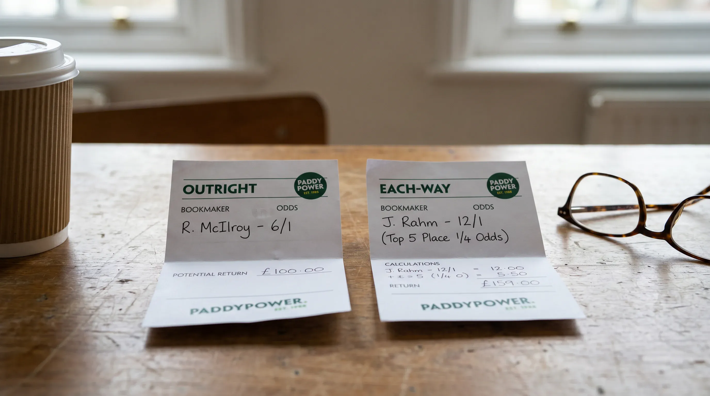 Golf betting slip comparison showing outright and each-way return structures