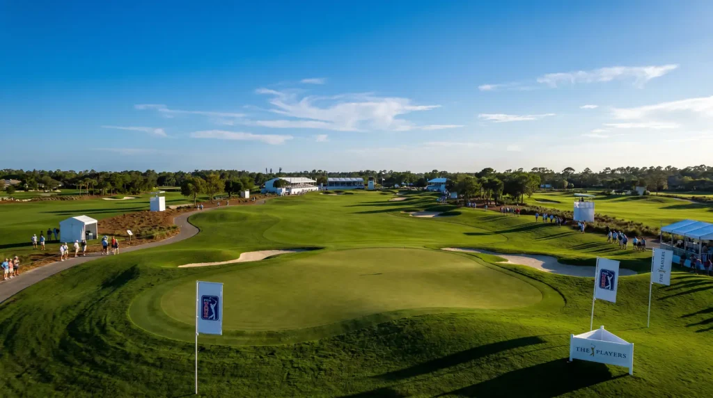 PGA Tour golf course aerial view showing championship layout with branded flags
