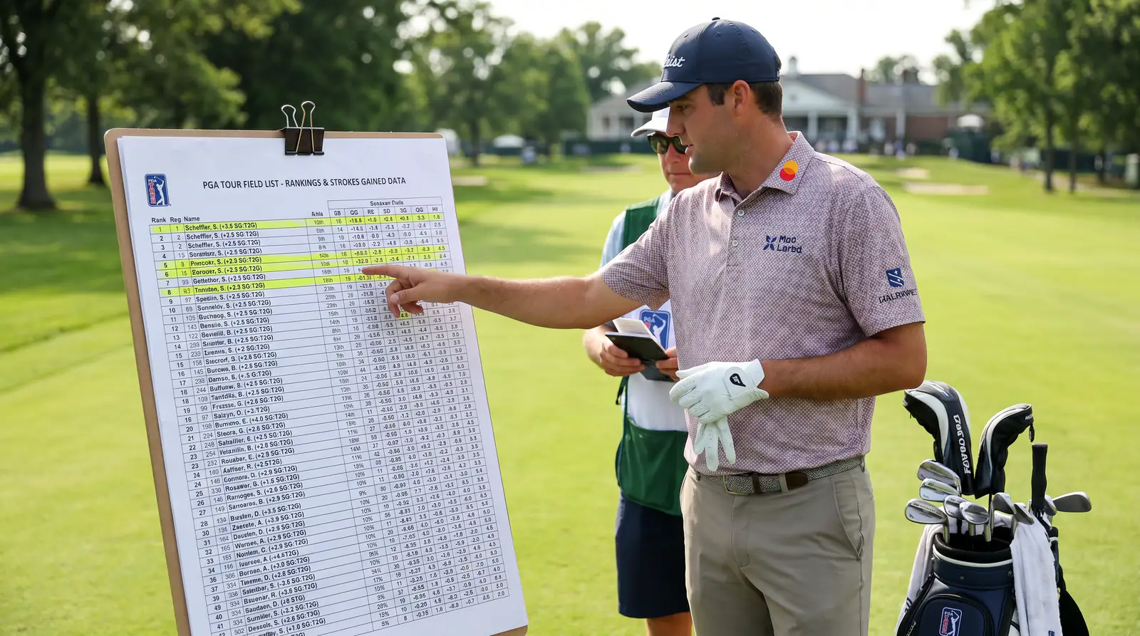 Printed PGA Tour field list with player rankings and strokes gained data highlighted