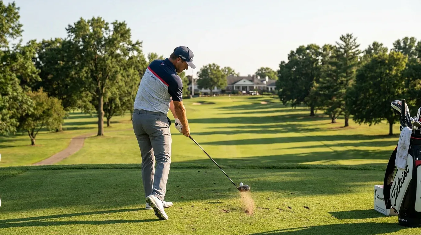 Long driver golfer hitting from tee on an open American-style parkland golf course