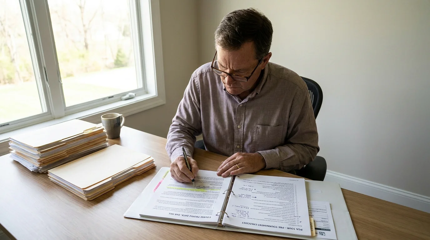 Bettor reviewing course profile data as first step in pre-tournament betting checklist