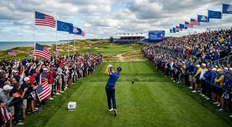 Ryder Cup match play scene with crowd watching a critical tee shot at a par-4