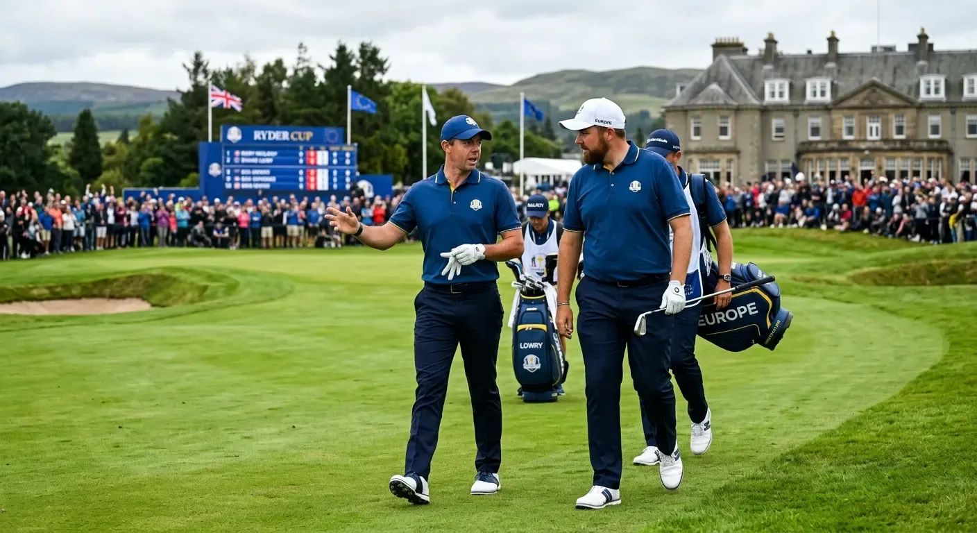 Two partnered golfers discussing foursomes strategy on a Ryder Cup fairway