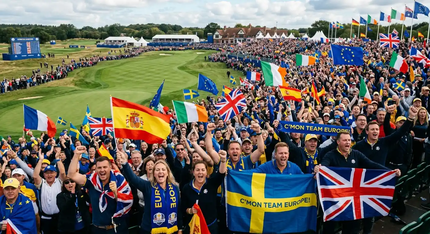 Ryder Cup crowd cheering home team at a European venue with national flags waving