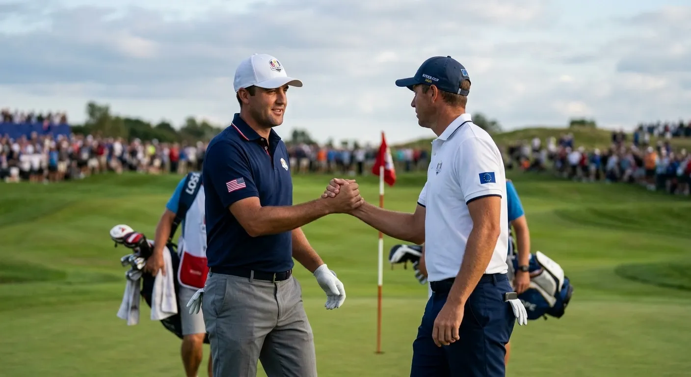 Two golfers shaking hands after completing a match play hole at Ryder Cup