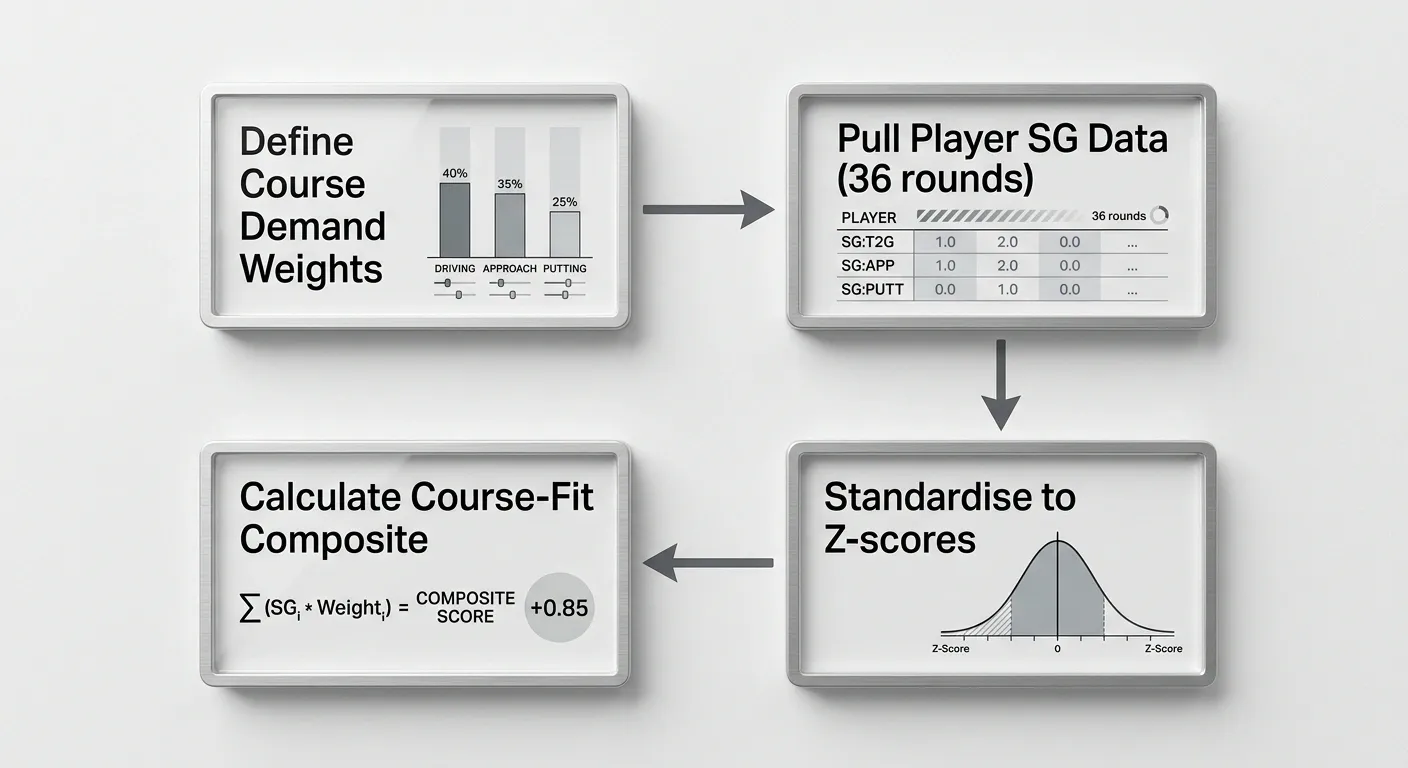 Strokes gained course overlay framework showing composite score calculation for Augusta National