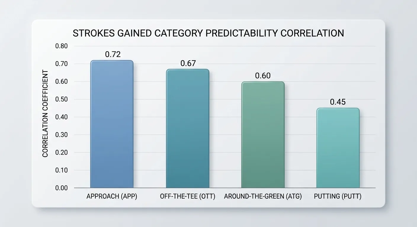 Strokes gained predictability correlation chart showing APP vs Putting stability over 20-round windows