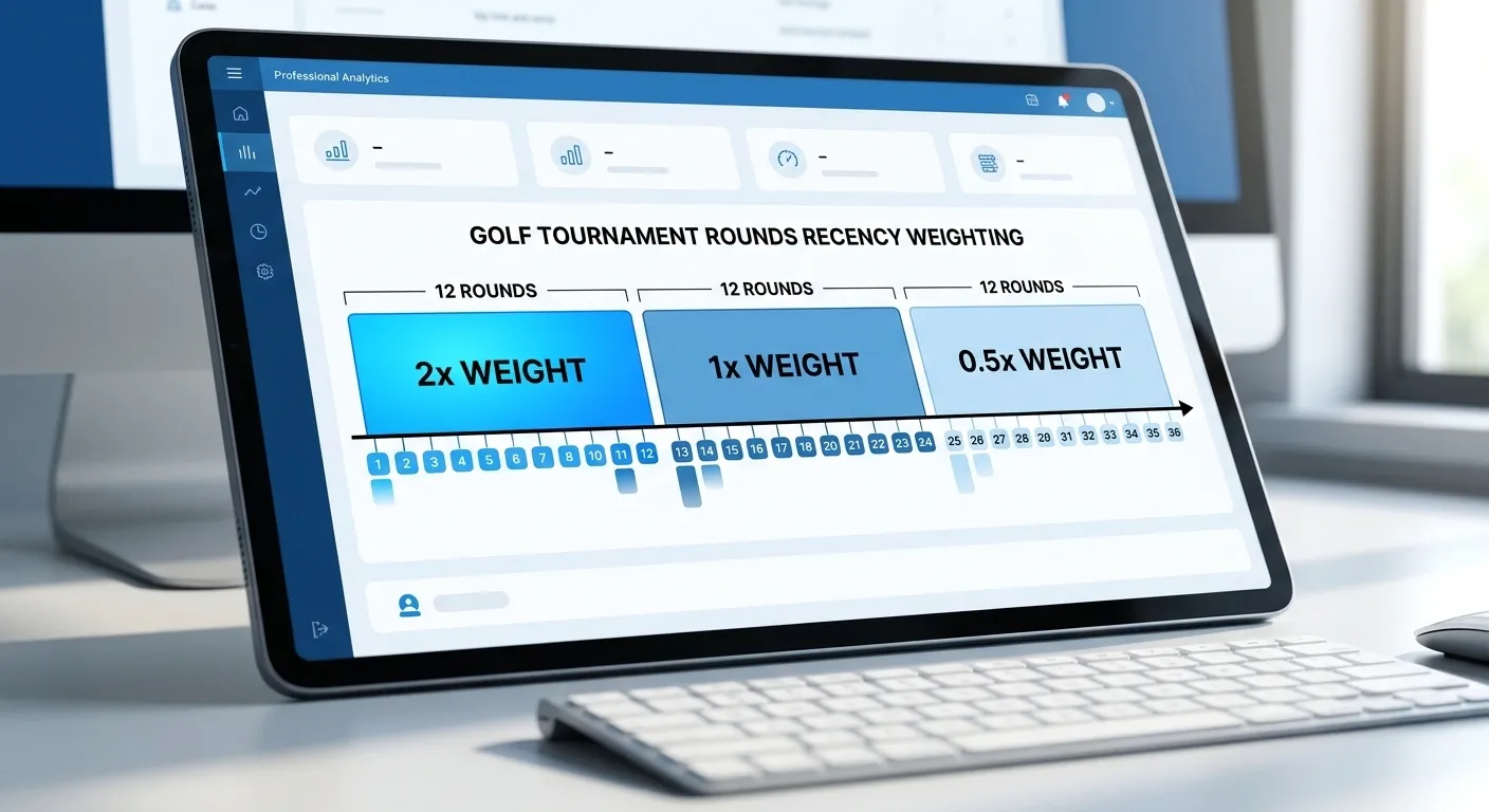 SG recency weighting framework showing decay-weighted 36-round window for golf betting models