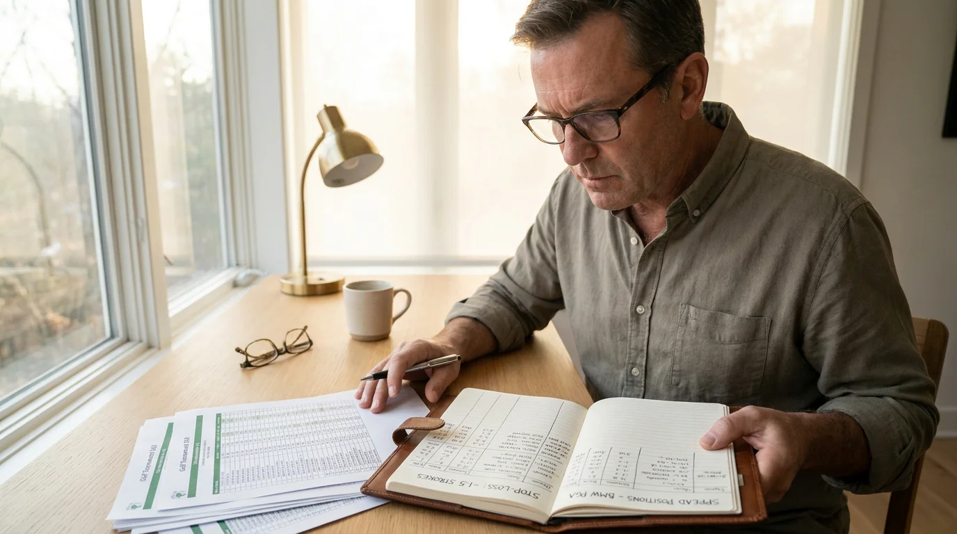 Golf bettor noting stop-loss levels in a betting notebook for spread positions