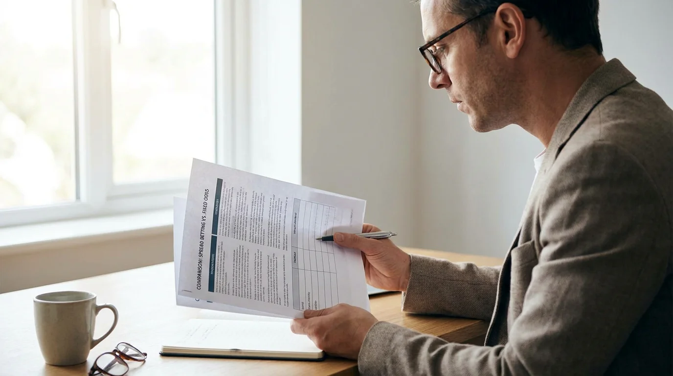 Side-by-side comparison document showing spread betting versus fixed odds structure