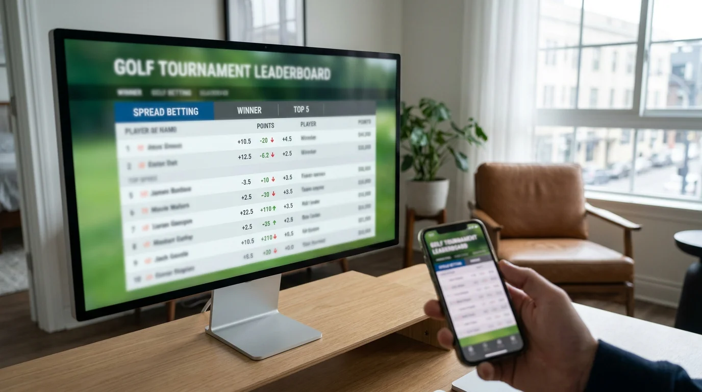 Golf tournament leaderboard with spread betting points overlay for a large field event