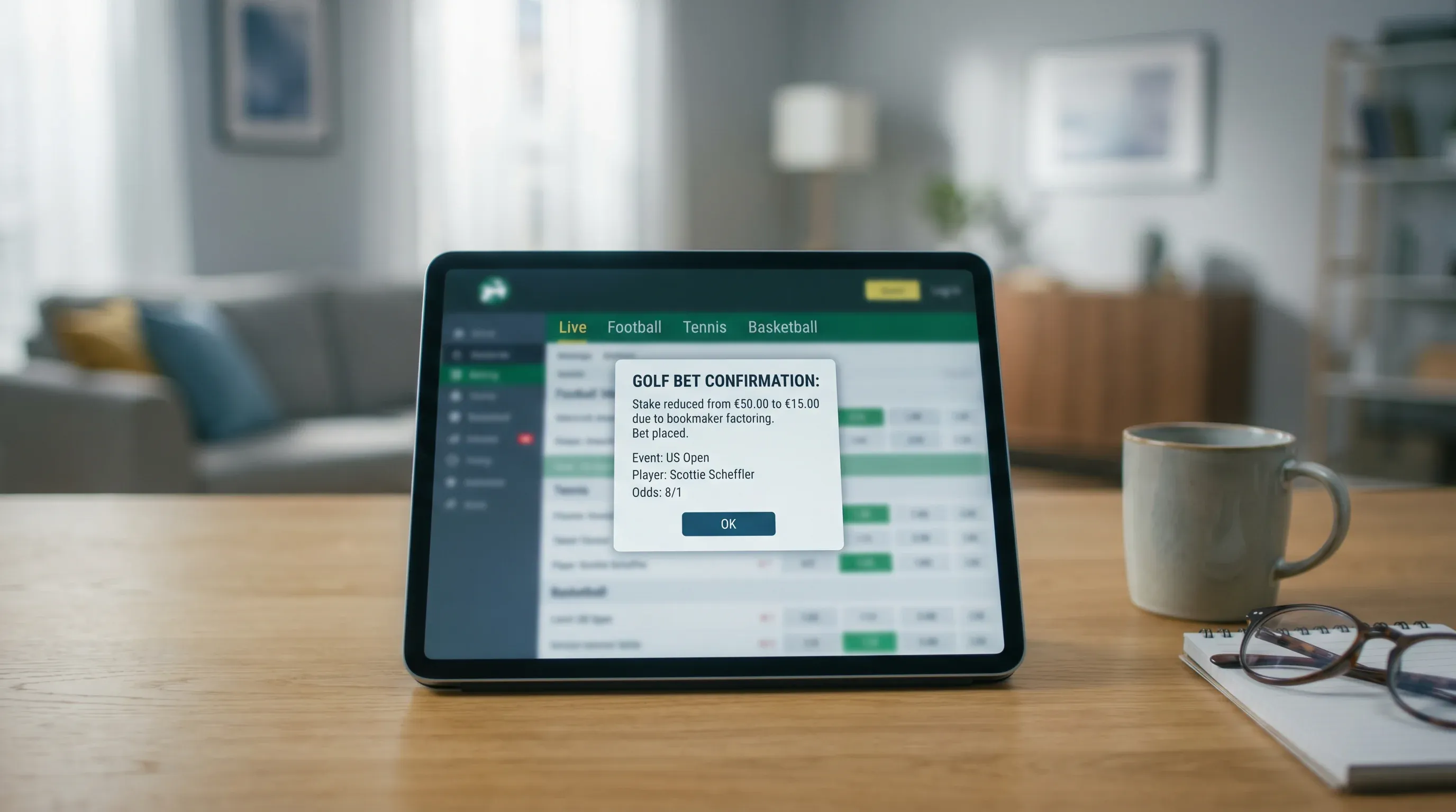 Golf bet confirmation screen showing reduced stake from bookmaker factoring