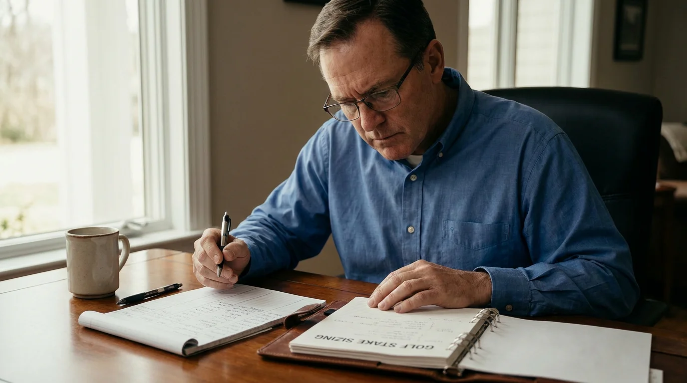Systematic bettor noting stake sizing adjustments in a golf betting notebook