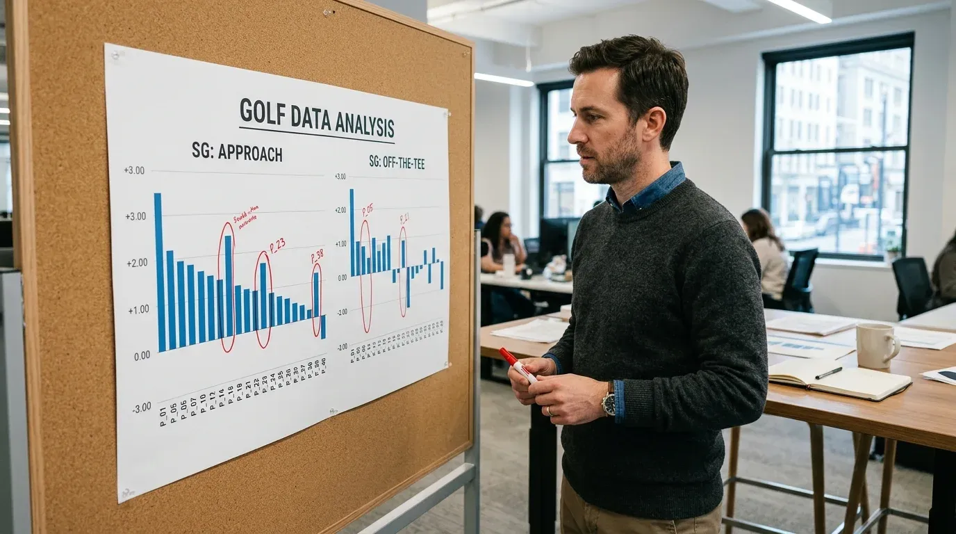 A golf analyst at a standing desk reviews a large screen showing SG:Approach and SG:Off-the-Tee bar graphs for a PGA Tour field, with sticky notes marking top-ranked players