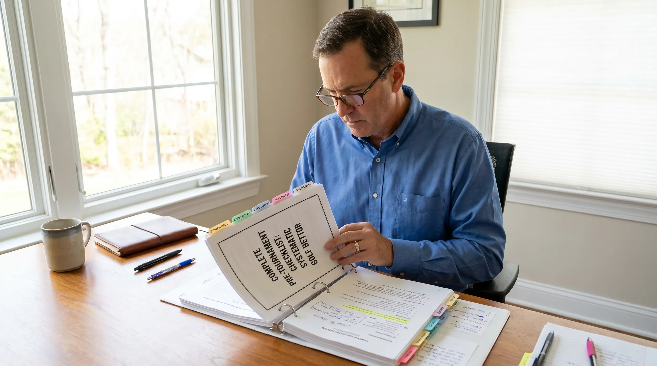 Complete pre-tournament checklist document laid out for a systematic golf bettor
