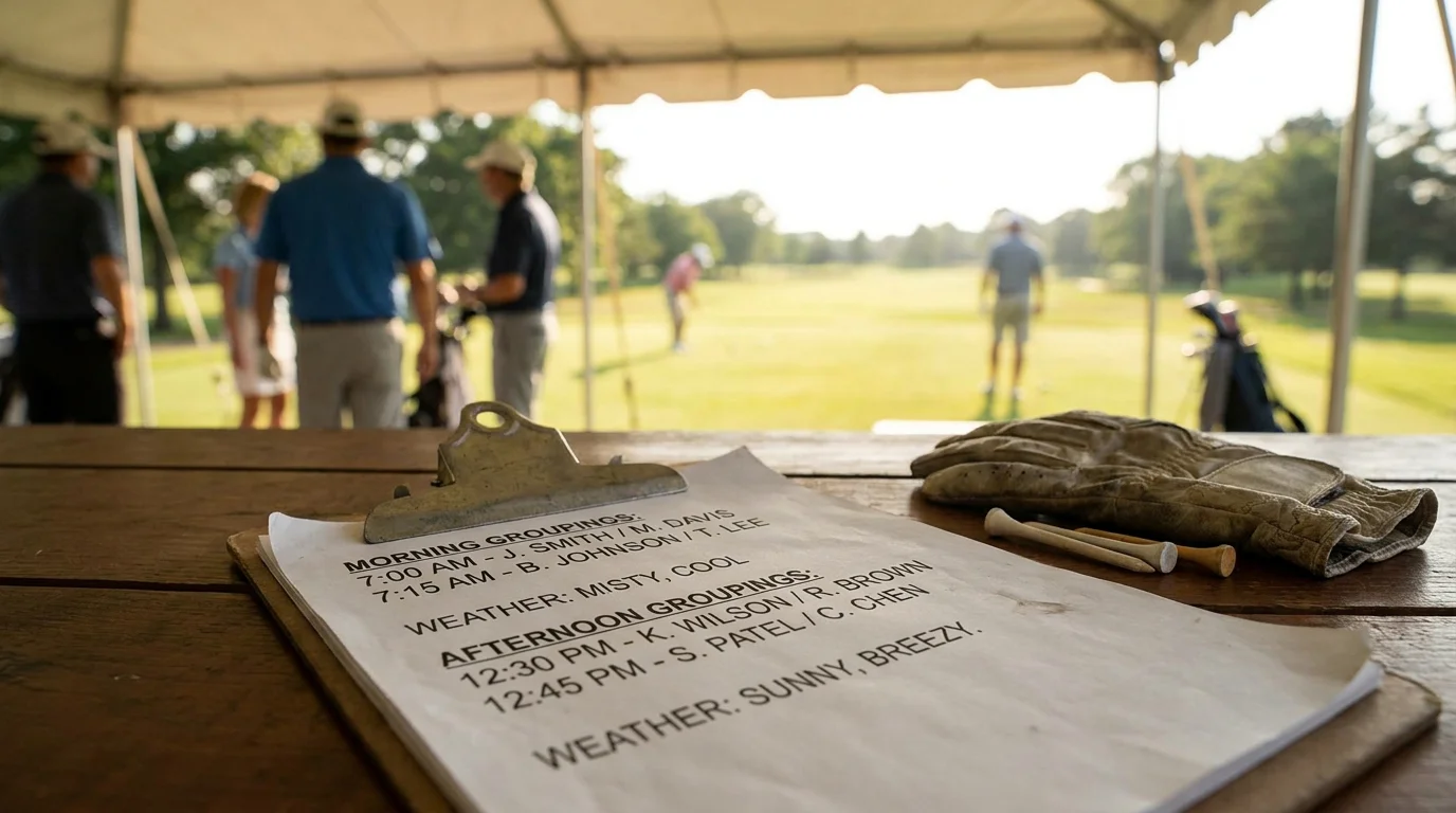 Golf tee sheet showing morning and afternoon groupings with weather conditions noted