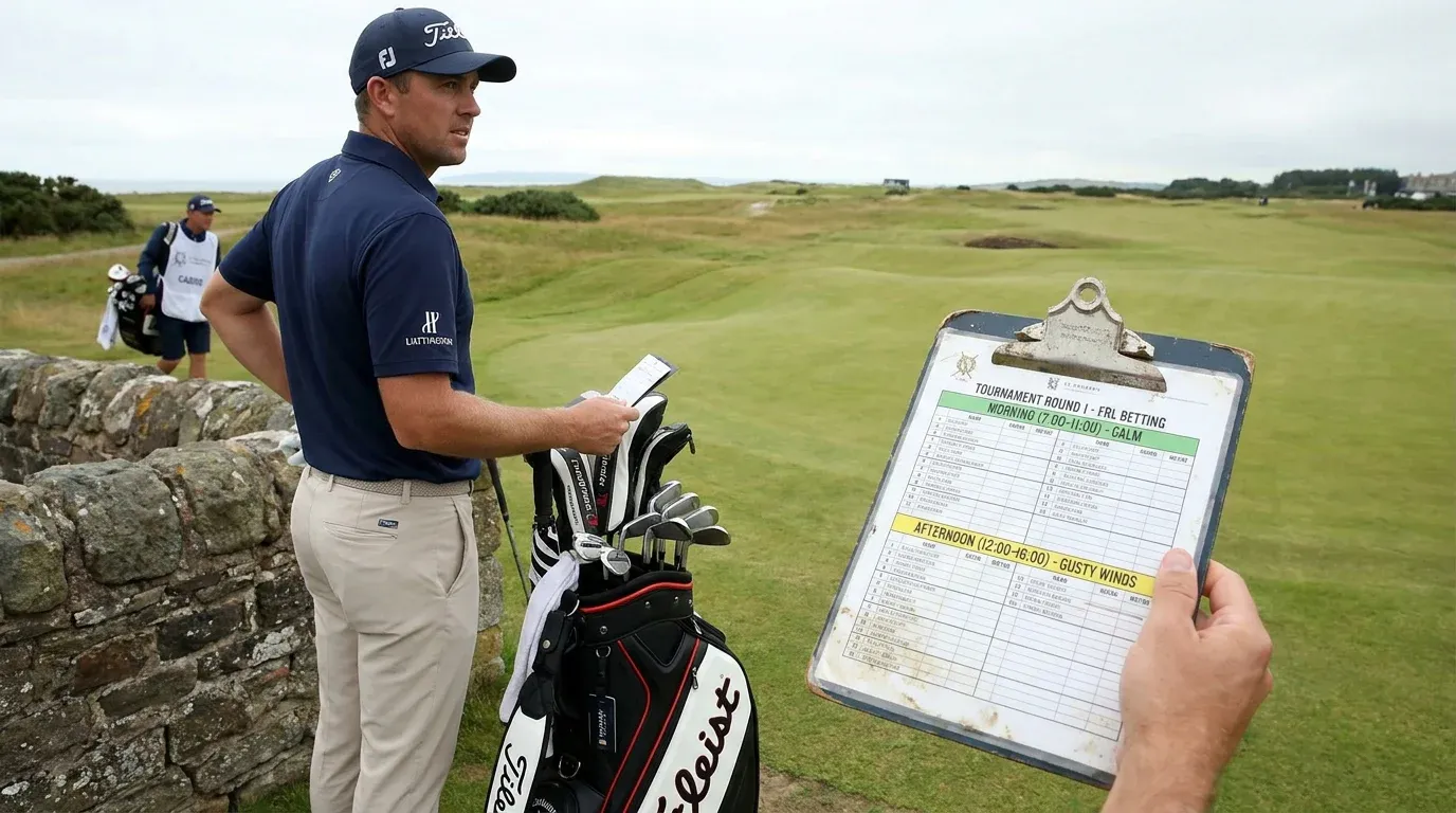Golf tee sheet showing morning calm versus afternoon wind conditions for FRL betting
