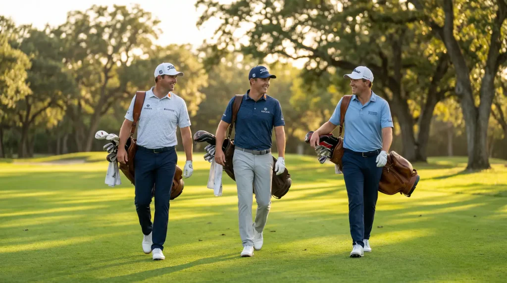 Three professional golfers walking a fairway together during a tournament round