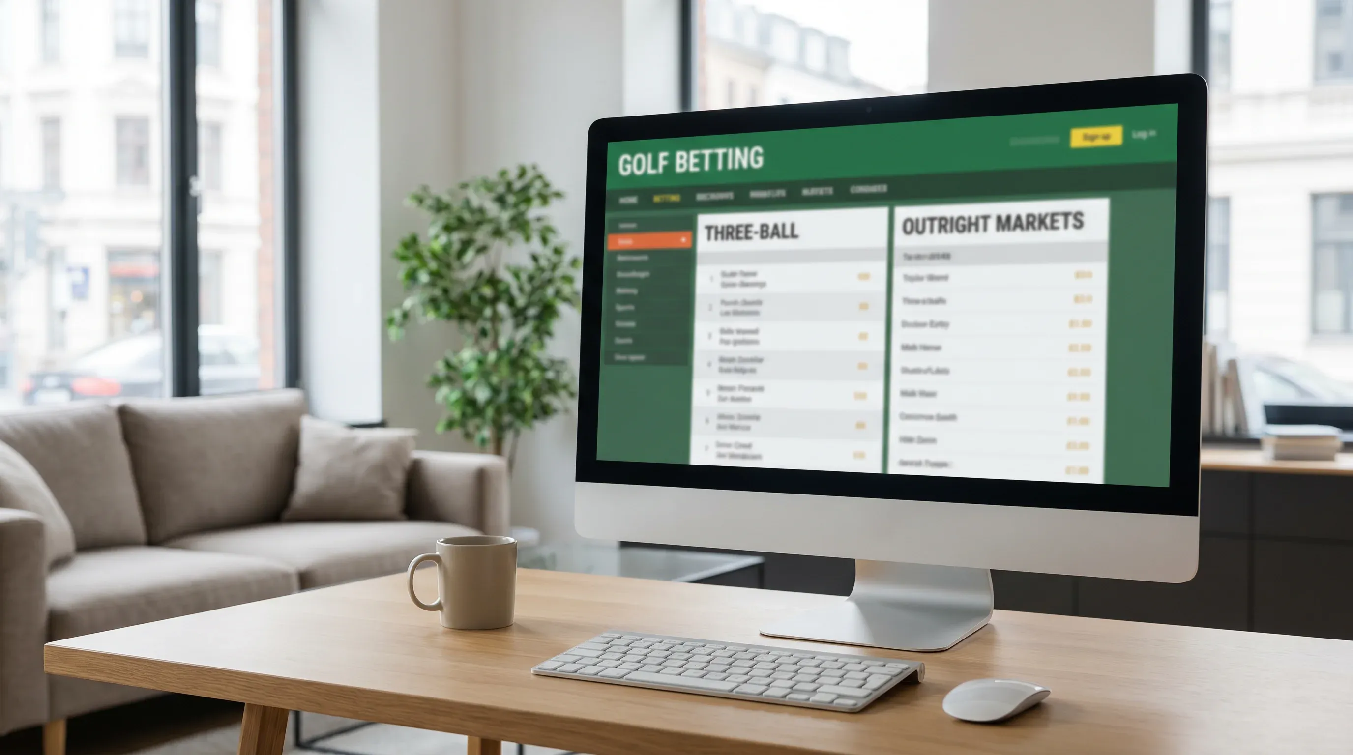 Golf betting board showing three-ball and outright markets side by side