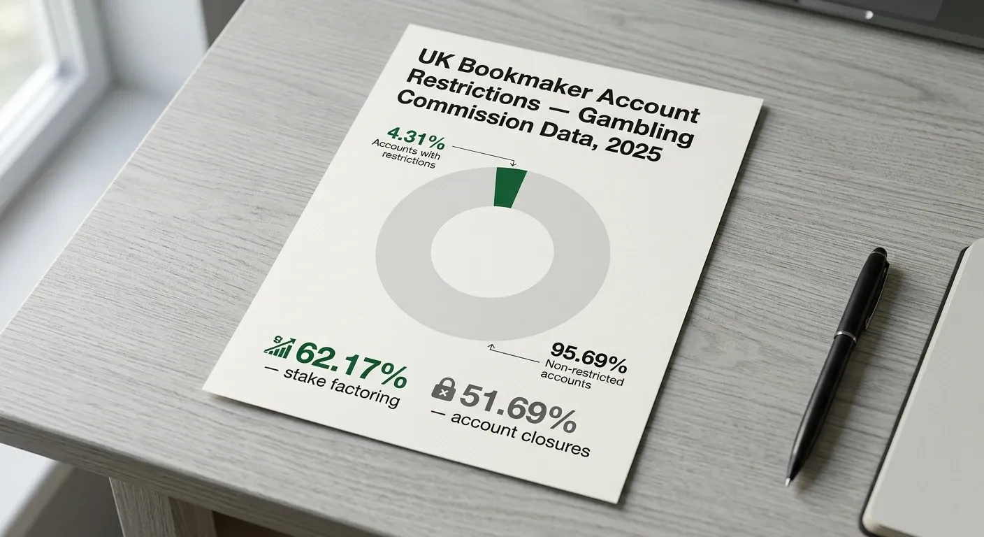 A simple infographic showing a circular donut chart: 4.31% of UK active bookmaker accounts carry at least one commercial restriction, with a breakdown of stake factoring and account closures