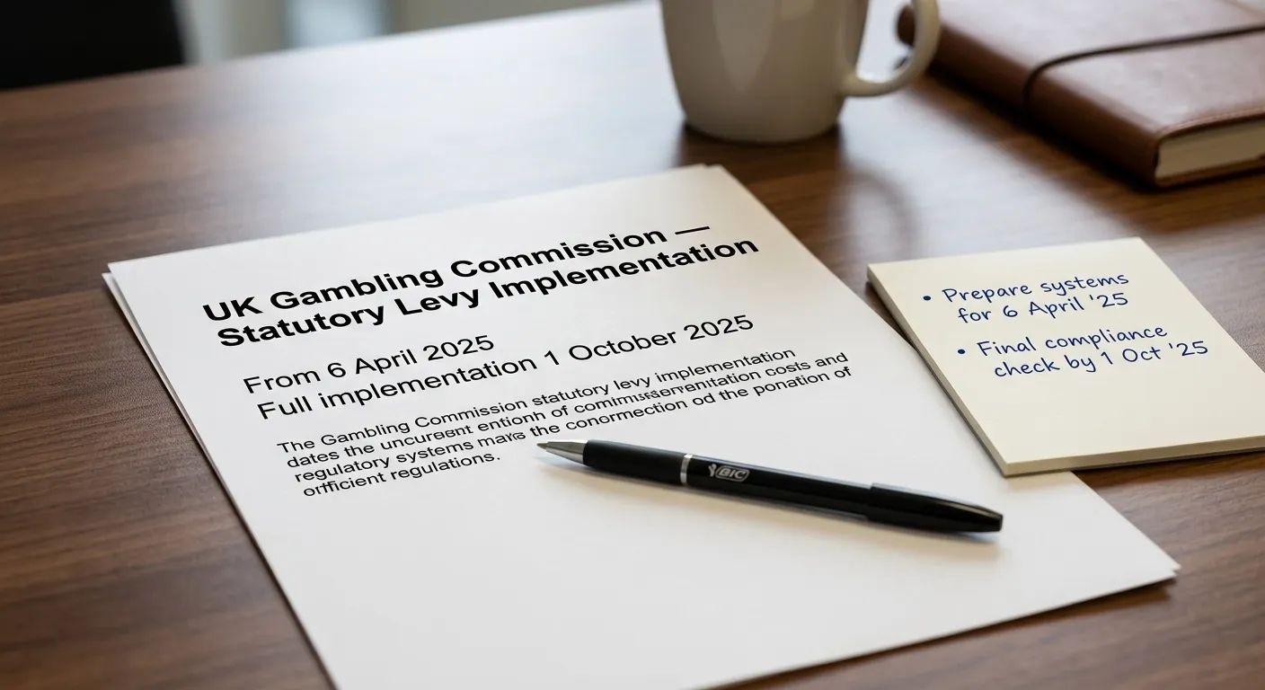 A formal document on a wooden desk with the UK Gambling Commission logo visible at the top, alongside a pen and a summary sheet showing statutory levy implementation dates for 2025