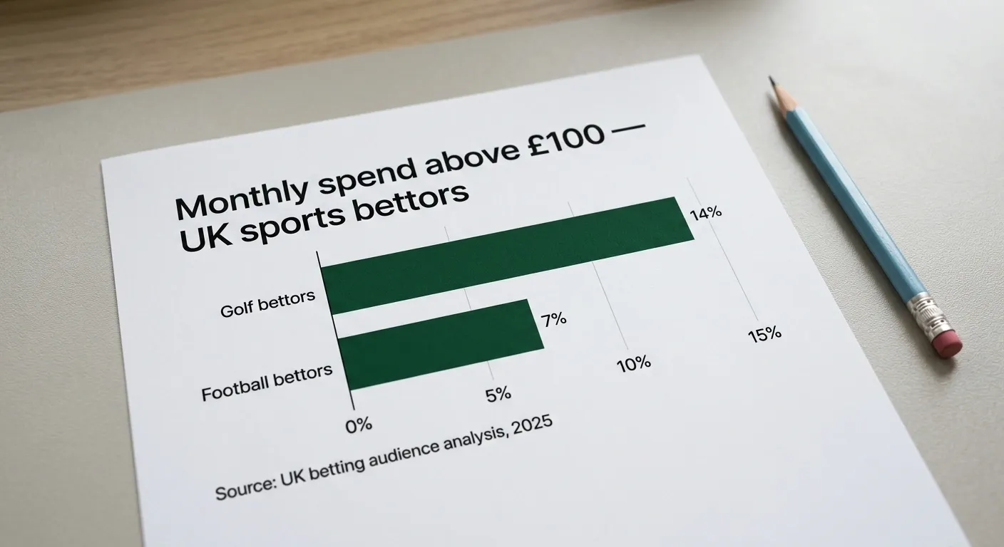 Bar chart comparing UK sports bettors by monthly spend: golf bettors at 14% spending over £100 per month versus 7% for football — showing golf audience concentration